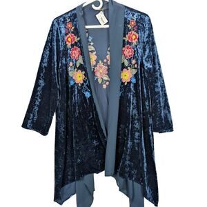 Andree by Unit Open Cardigan Womens Medium Crushed Velvet Blue Floral Embroider